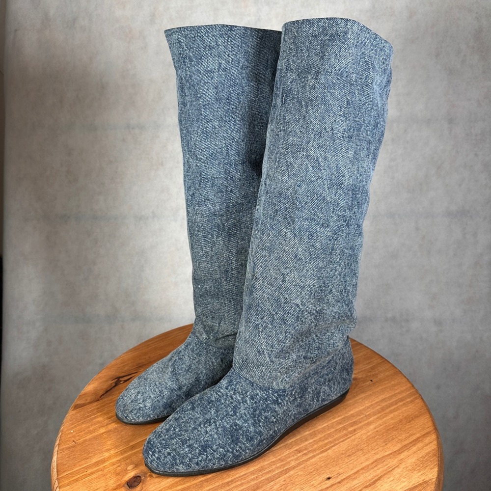 Unbranded Denim Slouchy Boots Women Size 8 Blue Good Flat Tall Pull On Y2K Boho